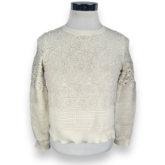Tory Burch Sweatshirt Women’s Medium Knit Floral Lace Cream Ivory Off White - Picture 1 of 10